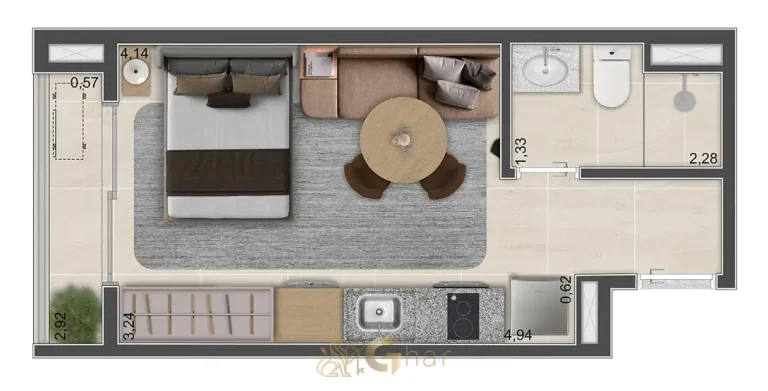 Planta de studio de 24 m² final 12 em condomínio residencial na Vila Mariana Zona Sul de São Paulo