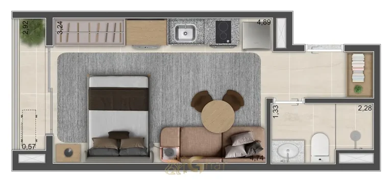Planta de studio de 26 m² final 11 do condomínio 268 VM no bairro da Vila Mariana em São Paulo