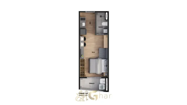 Planta de studio compacto opção 3 em condomínio residencial no bairro da Vila Mariana, na Zona Sul de São Paulo