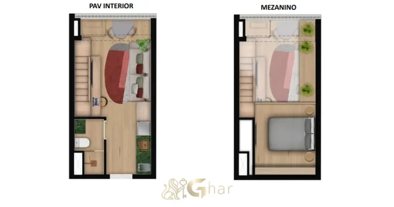 Planta de studio com mezanino e aproveitamento vertical em condomínio residencial na Vila Mariana Zona Sul de São Paulo