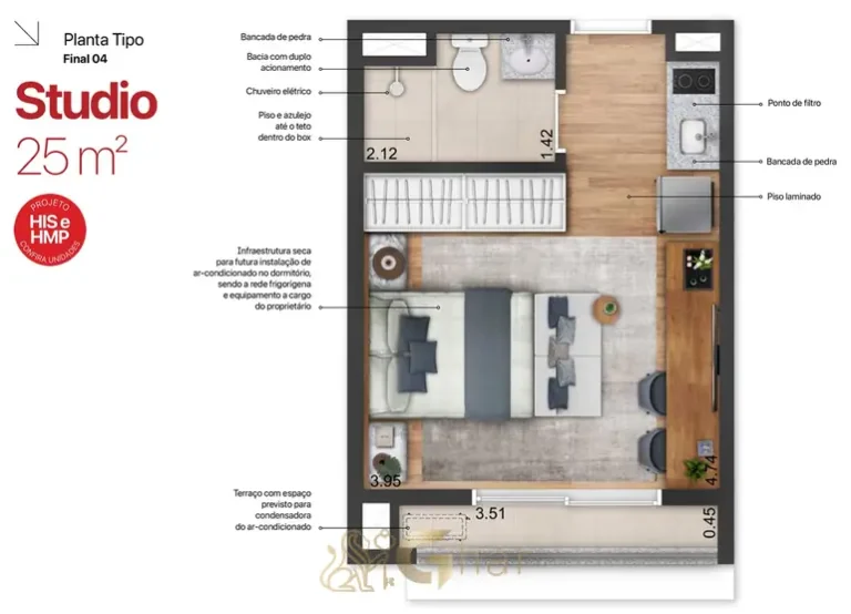 Planta de studio de 25 m² com terraço do condomínio New: Time Smart no bairro da Vila Mariana, São Paulo