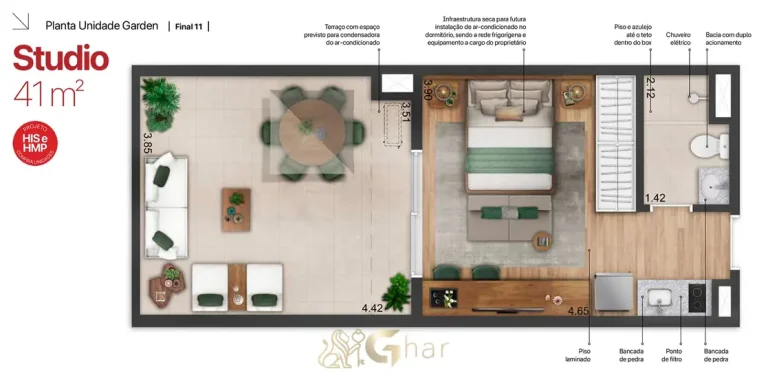 Planta de studio garden de 41 m² em apartamentos no bairro da Vila Mariana, São Paulo
