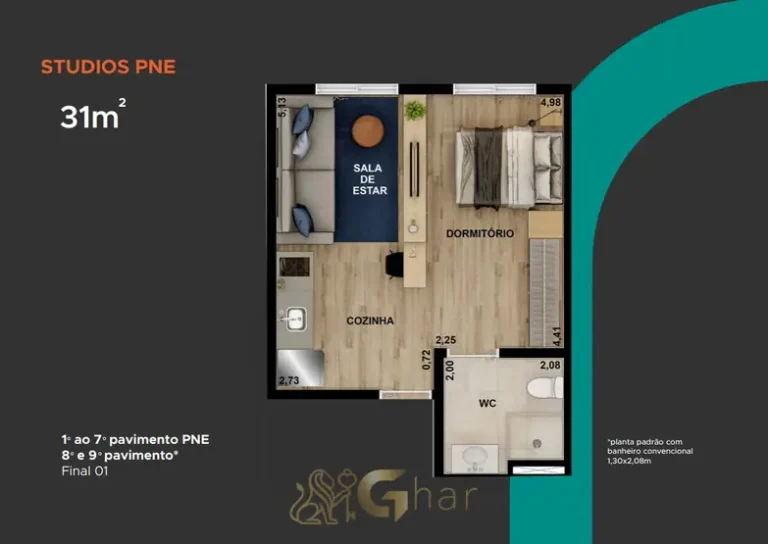 Planta de studio acessível PCD de 31 m² em condomínio residencial no bairro do Campo Belo, na zona sul de São Paulo