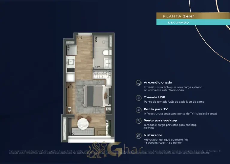 Planta de studio residencial de 24 m² do condomínio Unik Studios no bairro da Nova Klabin, São Paulo