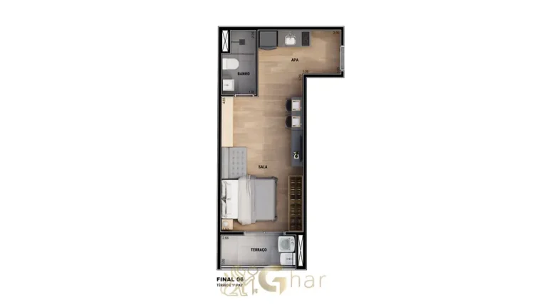 Planta de studio com varanda opção 1 em condomínio residencial no bairro da Vila Mariana, na Zona Sul de São Paulo