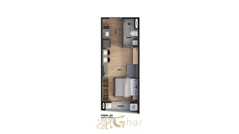 Planta de studio com varanda opção 2 em apartamentos no bairro da Vila Mariana, São Paulo