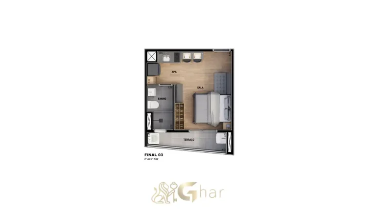 Planta de studio com varanda opção 3 em apartamentos no bairro da Vila Mariana, São Paulo
