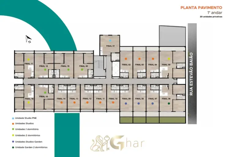 Planta de implantação do primeiro andar em condomínio residencial no bairro do Campo Belo, na zona sul de São Paulo