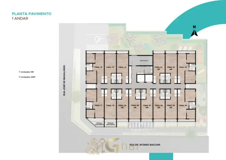 Planta de implantação do primeiro andar em condomínio residencial no bairro do Ibirapuera, na Zona Sul de São Paulo
