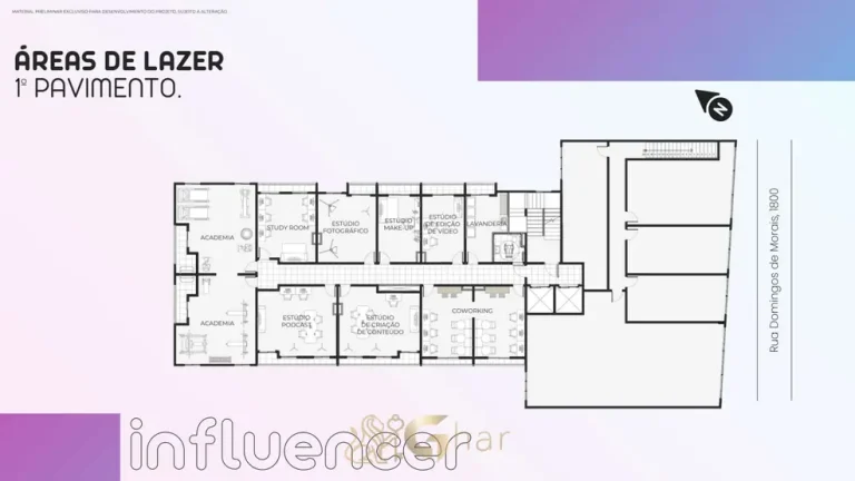 Planta de implantação do primeiro pavimento de lazer e estúdios do condomínio Influencer Vila Mariana no bairro da Vila Mariana em São Paulo