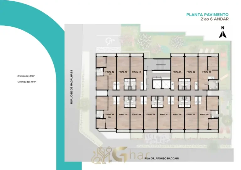 Planta de implantação do segundo ao sexto andar em apartamentos no bairro do Ibirapuera, São Paulo