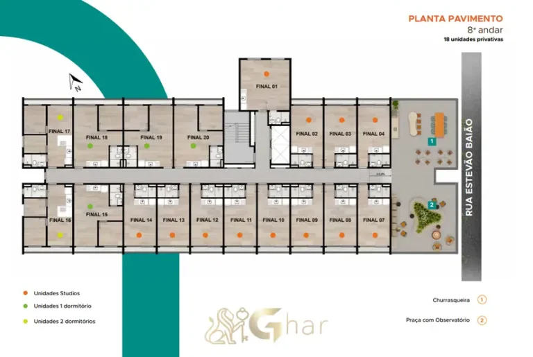 Planta de implantação do oitavo andar em apartamentos no bairro do Campo Belo, São Paulo