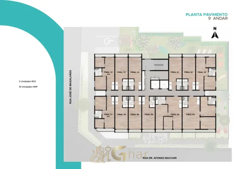 Planta de implantação do nono andar do condomínio Nurban Ibirapuera no bairro do Ibirapuera, São Paulo