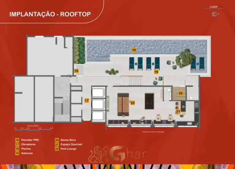 Planta de implantação das áreas comuns no rooftop do condomínio HI Vila Clementino no bairro da Vila Clementino, São Paulo