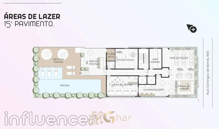 Planta de implantação do rooftop com piscina em apartamentos na Vila Mariana, São Paulo