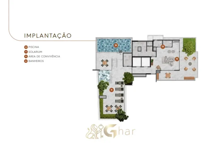 Planta de implantação das áreas de lazer no rooftop em condomínio residencial no bairro do Campo Belo, na Zona Sul de São Paulo