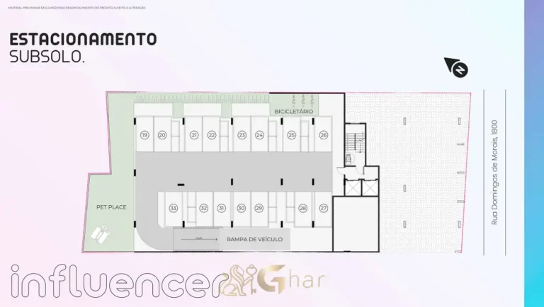 Planta de implantação do pavimento subsolo em apartamentos na Vila Mariana, São Paulo