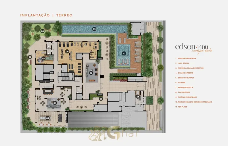 Planta de implantação das áreas do térreo em apartamentos no Campo Belo, São Paulo