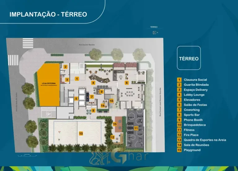 Planta de implantação das áreas comuns no térreo em condomínio residencial na Vila Clementino, Zona Sul de São Paulo