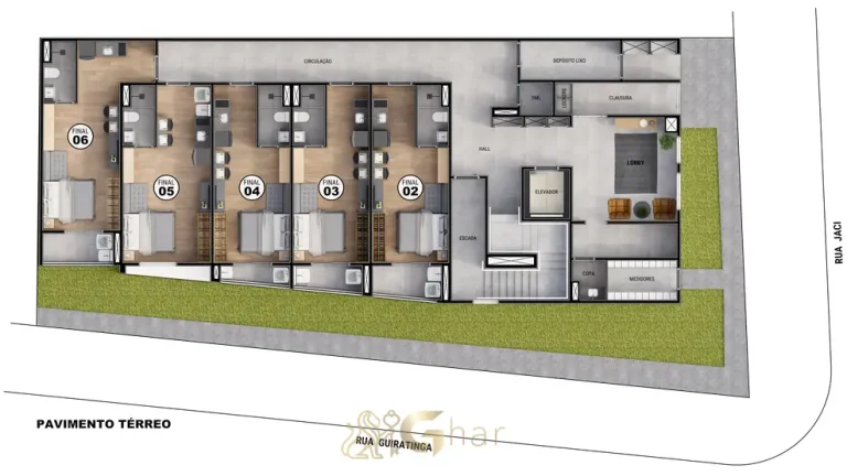 Planta de implantação do pavimento térreo em condomínio residencial no bairro da Vila Mariana, na Zona Sul de São Paulo