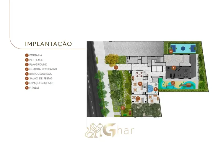 Planta de implantação das áreas comuns no térreo em apartamentos no bairro do Campo Belo, São Paulo