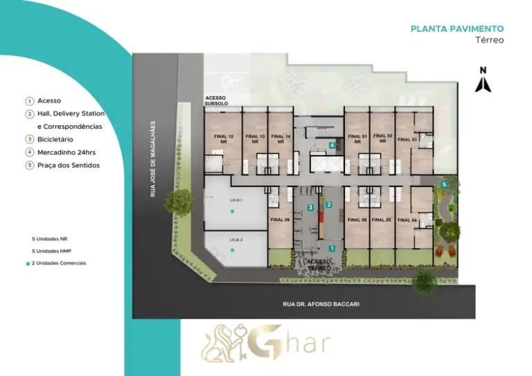 Planta de implantação do pavimento térreo em apartamentos no bairro do Ibirapuera, São Paulo