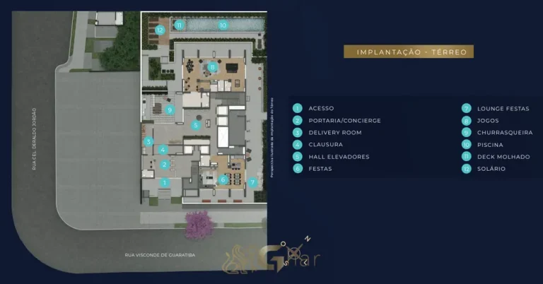 Planta de implantação das áreas comuns do térreo em condomínio residencial na Nova Klabin, Zona Sul de São Paulo