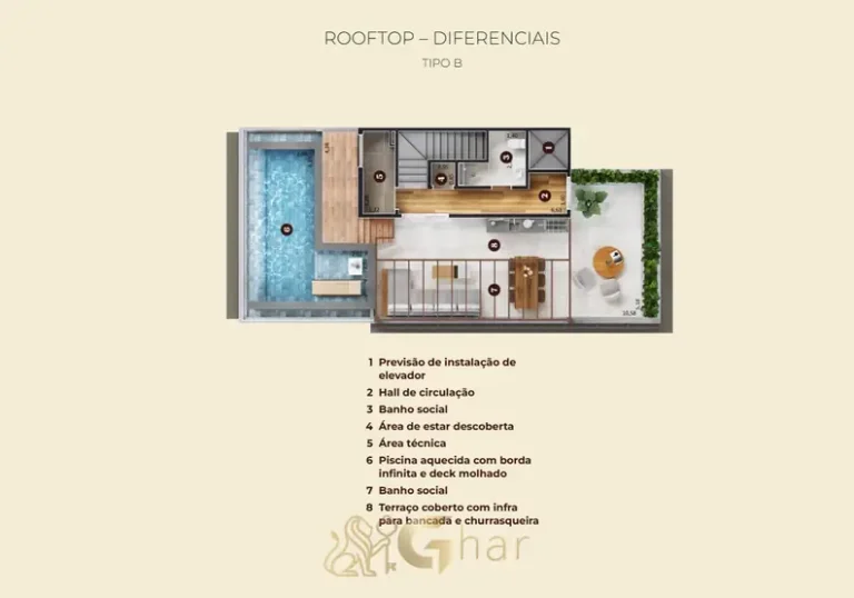 Segunda planta do rooftop com piscina e terraço em condomínio residencial no Campo Belo, Zona Sul de São Paulo