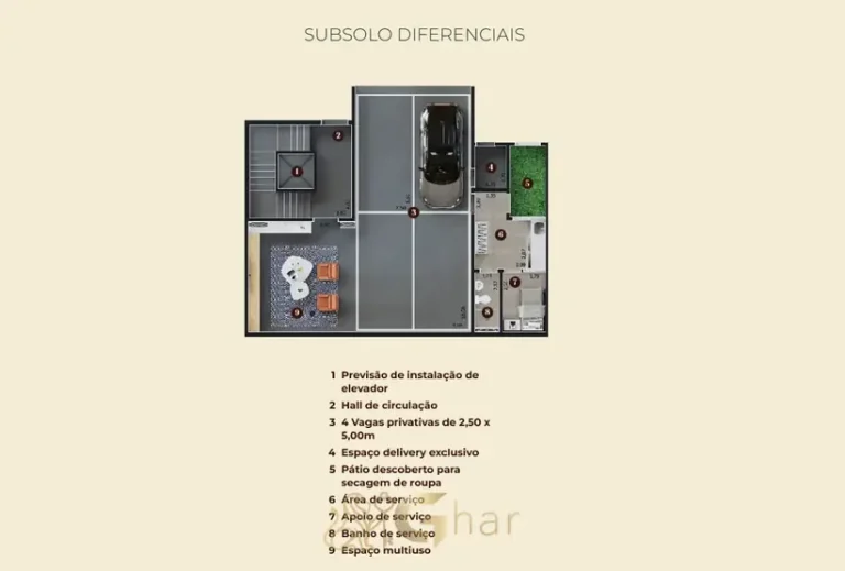 Planta do subsolo com quatro vagas privativas do condomínio Casa Jardim Laplace no bairro do Campo Belo em São Paulo
