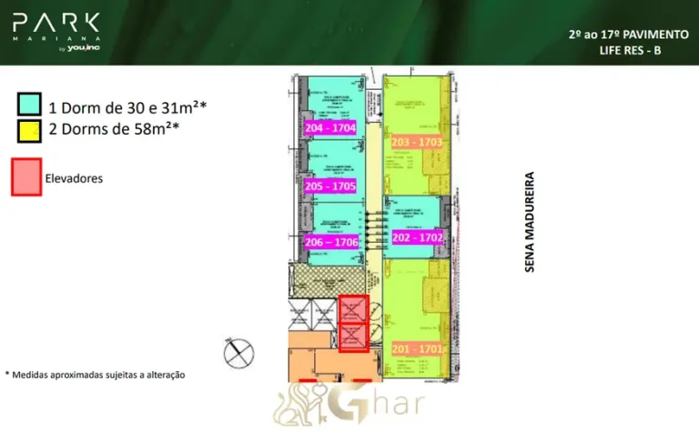 Segunda planta de tipologia e distribuição de unidades em condomínio residencial na Vila Mariana Zona Sul de São Paulo