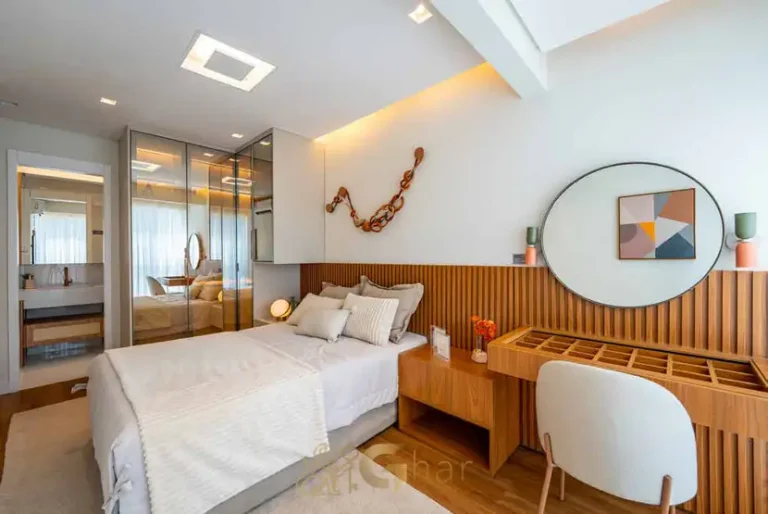 Quarto decorado em segunda perspectiva em condomínio residencial na Vila Clementino, Zona Sul de São Paulo