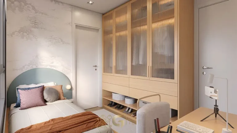 Quarto mobiliado no apartamento decorado do condomínio Triu 1722 no bairro do Campo Belo, São Paulo