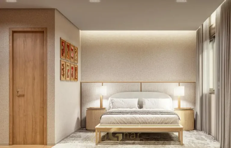 Quarto de casal ambientado em apartamento decorado do condomínio Lumen Campo Belo no bairro do Campo Belo, São Paulo