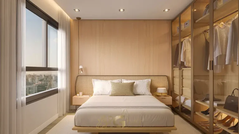 Quarto de casal com decoração planejada em apartamentos no bairro do Campo Belo, São Paulo