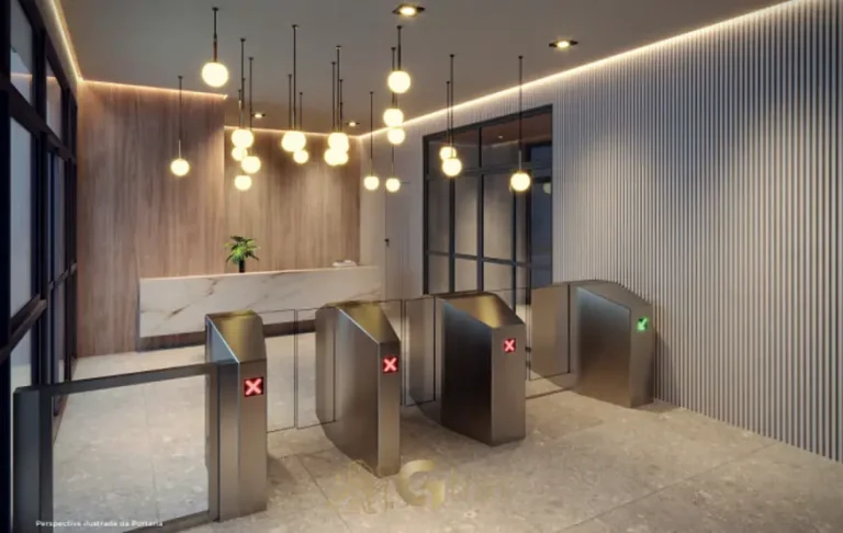 Recepção de acesso com ambiente de acolhimento do condomínio Unik Studios no bairro da Nova Klabin, São Paulo