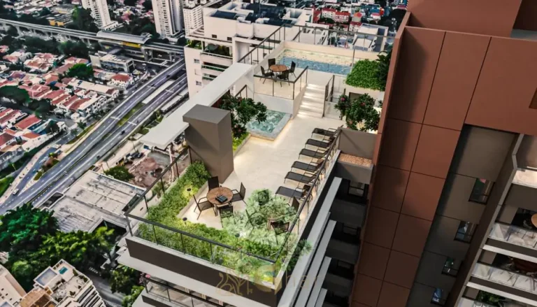 Rooftop com espaços de lazer e convivência do condomínio Lumen Campo Belo no bairro do Campo Belo, São Paulo