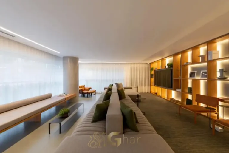 Sala de estar do apartamento decorado do condomínio Balkon Campo Belo no bairro Campo Belo em São Paulo