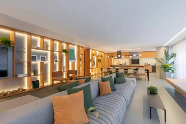 Segunda vista da sala do decorado em condomínio residencial no Campo Belo Zona Sul de São Paulo