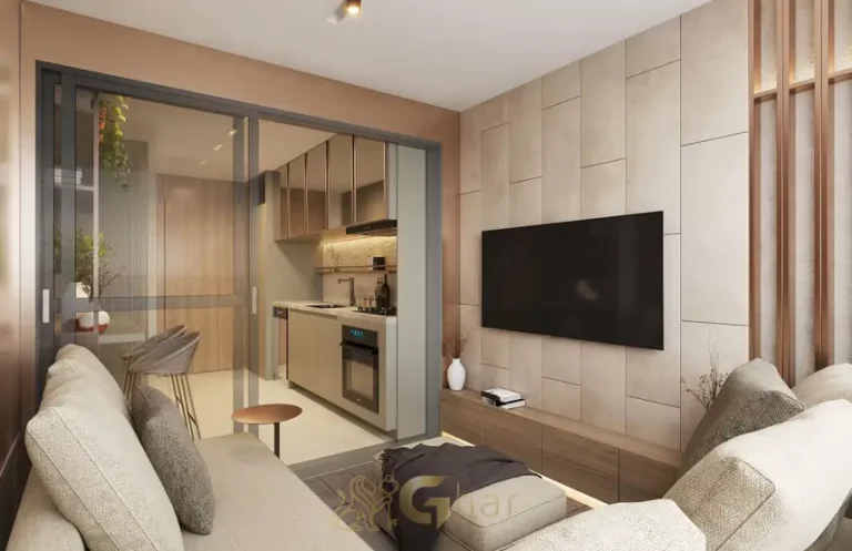 Sala de apartamento decorado com área de estar em condomínio residencial na Vila Clementino, Zona Sul de São Paulo
