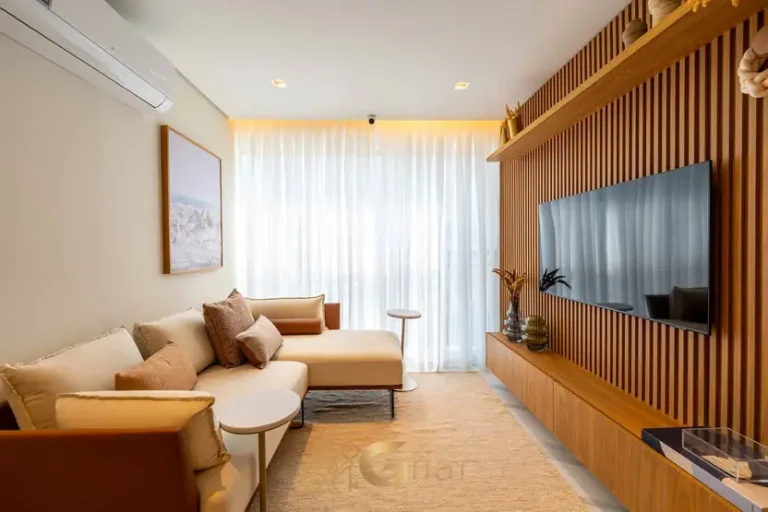 Sala de apartamento decorado com outra perspectiva do condomínio HI Vila Clementino no bairro da Vila Clementino, São Paulo