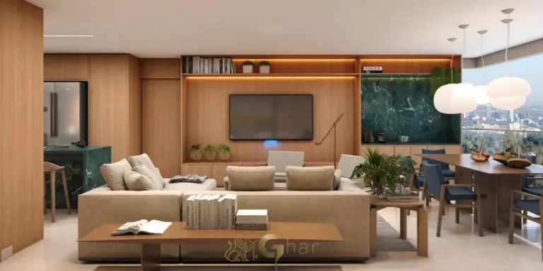 Sala de estar em segunda perspectiva do apartamento decorado do condomínio Lumen Campo Belo no bairro do Campo Belo, São Paulo