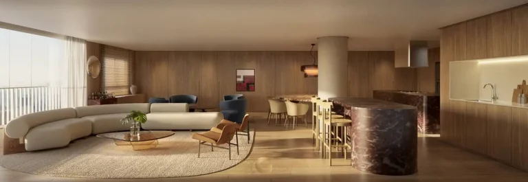 Sala do decorado em outra perspectiva em condomínio residencial no Campo Belo, Zona Sul de São Paulo