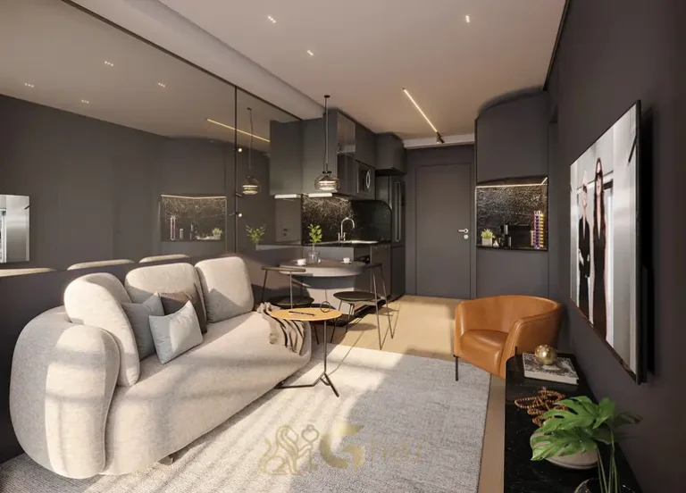 Sala de estar do apartamento decorado em condomínio residencial no Brooklin na Zona Sul de São Paulo