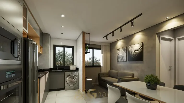 Sala e cozinha do decorado em segunda perspectiva em apartamentos no bairro da Vila Mariana, São Paulo