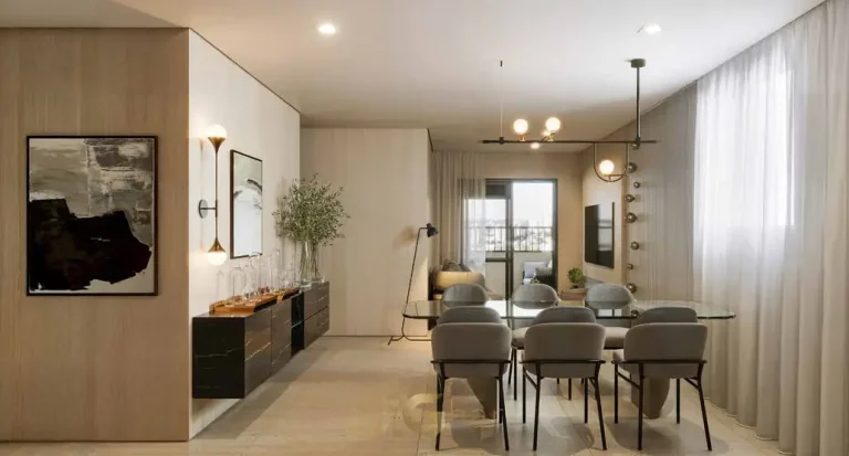 Sala de jantar de apartamento decorado do condomínio Join Vila Mariana no bairro da Vila Mariana, São Paulo