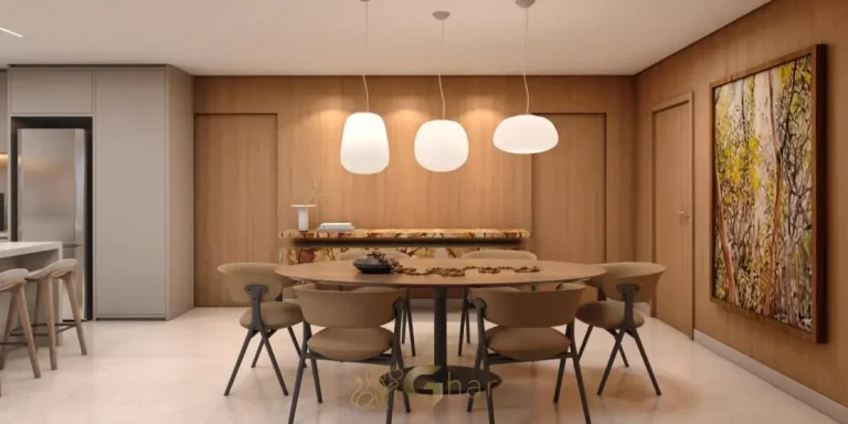Sala de jantar mobiliada do apartamento decorado do condomínio Lumen Campo Belo no bairro do Campo Belo, São Paulo