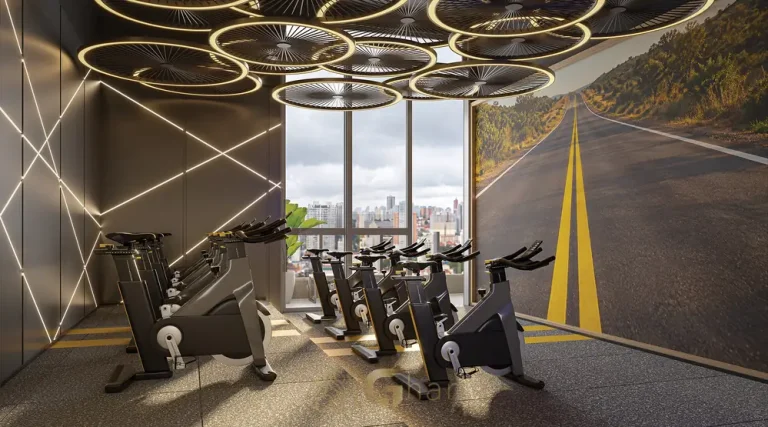 Sala de spinning para ciclismo indoor do condomínio Town Residences by Lindenberg no bairro do Brooklin em São Paulo