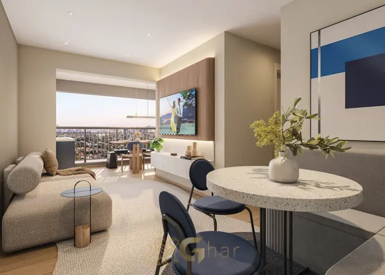 Sala com terraço do apartamento decorado do condomínio Town Residences by Lindenberg no bairro do Brooklin em São Paulo