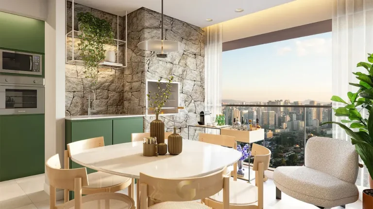 Sala integrada ao terraço gourmet do decorado em condomínio residencial no bairro do Campo Belo, na Zona Sul de São Paulo