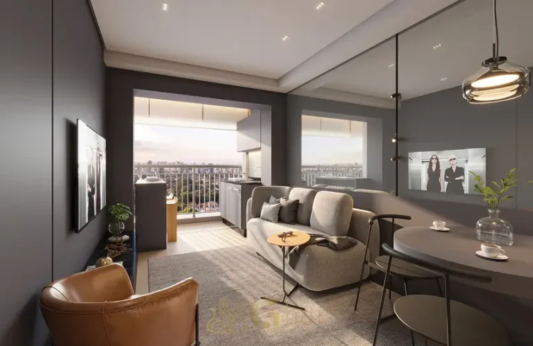 Sala e varanda do apartamento decorado em condomínio residencial no Brooklin na Zona Sul de São Paulo